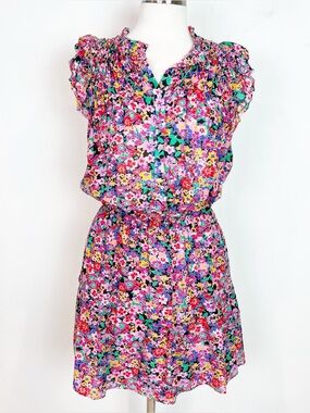 CABALLERO PINK MULTICOLOR FLORAL CAP FLUTTER SLEEVE FIT & FLARE DRESS SZ SMALL